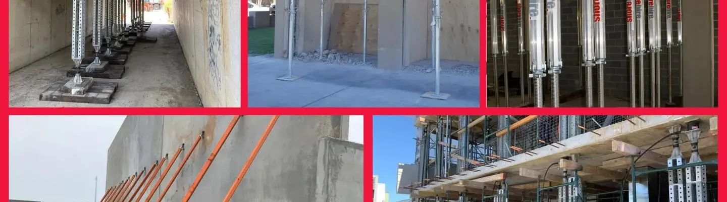 Construction workers assembling a building using temporary propping systems to support the structure during construction.