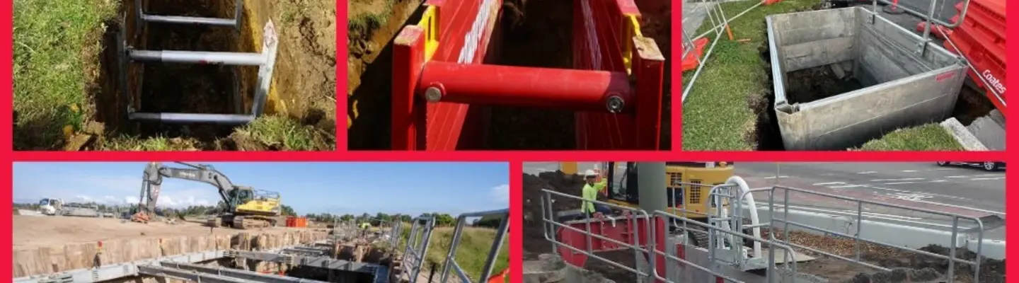 Worker installing braces inside a pipe shoring box to secure and stabilize excavation walls during construction.