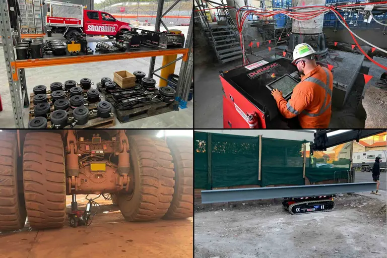 A collage of construction scenes showing hydraulic equipment, machinery operation, heavy vehicle maintenance, and beam lifting on a job site.