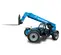 Front angled view of blue Genie telehandler with extended boom, forklift attachment and open cabin.