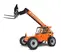 Side view of an orange telehandler with extended boom, forklift attachment and enclosed cabin.