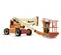 An orange and beige JLG E450A articulated boom lift, with its boom folded and work platform extended forward, shown in a side view on a white background.