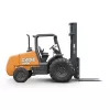 Side view of an orange CASE rough terrain forklift with black tires and straight lifting mast with black forks extended.