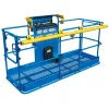 Front angled view of a blue and yellow aerial work platform with guardrails and a control panel.