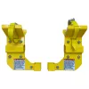 Front view of yellow pipe cradle accessory lifting hooks with safety latches for scissor lifts.