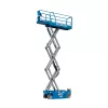Side view of an extended blue Genie scissor lift with platform with a safety railing.