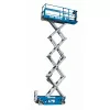 Side view of an extended blue Genie scissor lift with platform with a safety railing.