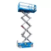 Side view of extended blue Genie scissor lift with a platform with safety rails.