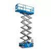 Front angled view of an extended blue Genie scissor lift with guardrails.