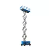 Front angled view of an extended blue Genie scissor lift with guardrails.