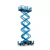 Side view of an extended blue Genie scissor lift with guardrails.