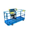 Front angled view of a blue and yellow aerial work platform with guardrails and a control panel.