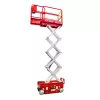 Side view of a red and silver scissor lift extended vertically, with safety rails.