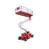 Side view of a partially extended red and silver scissor lift with safety rails.