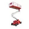 Side view of a partially extended red and silver scissor lift with safety rails.