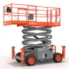 Side view of a retracted orange Skyjack scissor lift with safety rails.