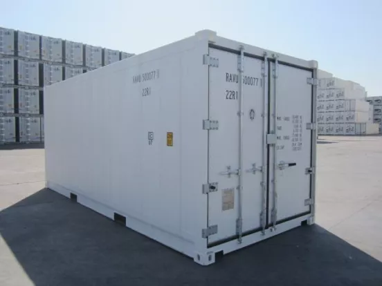 Exterior cargo doors on a white refrigerated shipping container