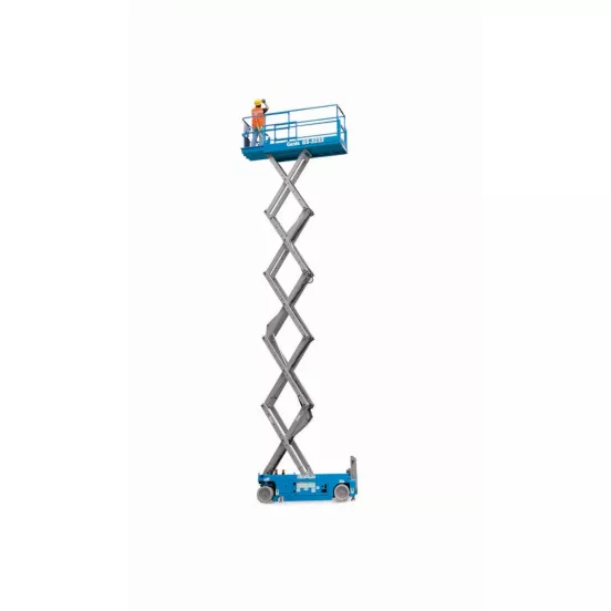 Side view of extended blue Genie scissor lift with a platform with safety rails.